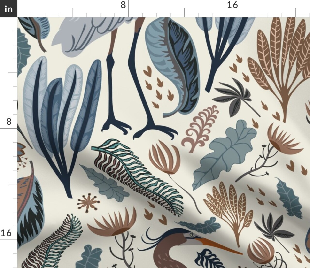 Coastal Floral Tropical Wildlife Neutral Cranes Heron Leaves Marsh Bird Blue Jumbo Scale Custom Printed Fabric by Spoonflower Various Fabrics by the Yard or Fat Quarter
